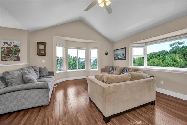 19040 Redbud Rd, Hidden Valley Lake, CA 95467 - living area featuring lofted ceiling, ceiling fan, and dark wood-style flooring