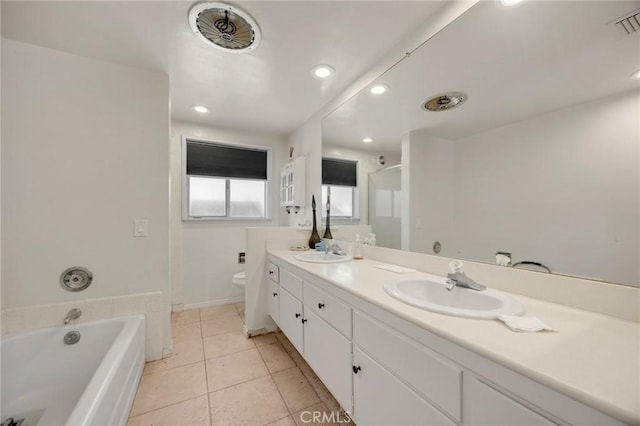 1411 Woodcrest Ave, La Habra, CA 90631 - bathroom featuring double vanity, a garden tub, tile patterned flooring, recessed lighting, and a shower with shower door