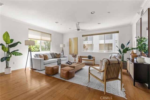 13028 Central Ave Unit 202, Hawthorne, CA 90250 - living area with crown molding, hardwood / wood-style floors, ceiling fan, and recessed lighting