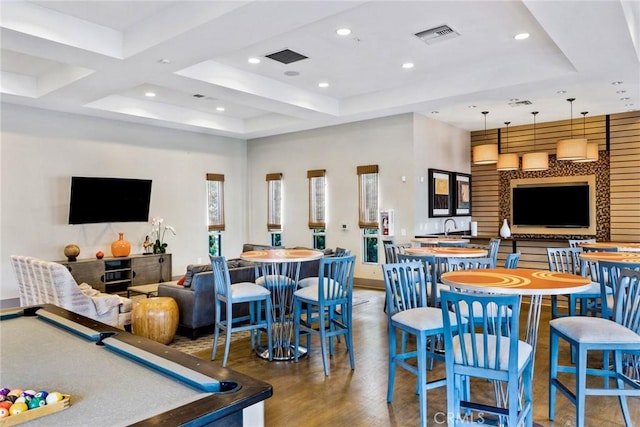 13028 Central Ave Unit 202, Hawthorne, CA 90250 - rec room featuring recessed lighting, wood finished floors, a tray ceiling, and pool table