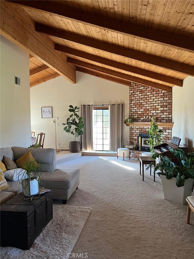 9535 Timberlane Ave, Hesperia, CA 92345 - living area with wood ceiling, carpet, and a brick fireplace