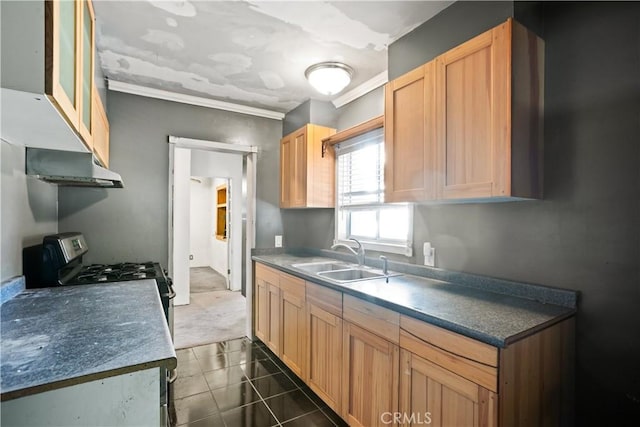 1811 Elaine St, Pomona, CA 91767 - kitchen featuring dark tile patterned flooring, ornamental molding, dark countertops, dark carpet, and range with gas cooktop