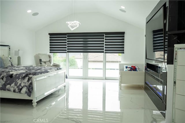 9359 Cecilia St, Downey, CA 90241 - bedroom with light marble finish flooring, lofted ceiling, access to outside, and recessed lighting