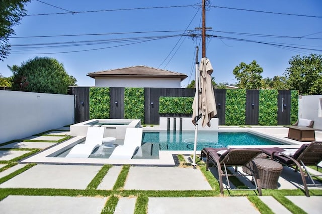 9359 Cecilia St, Downey, CA 90241 - view of swimming pool featuring a fenced backyard, a patio, and a pool with connected hot tub
