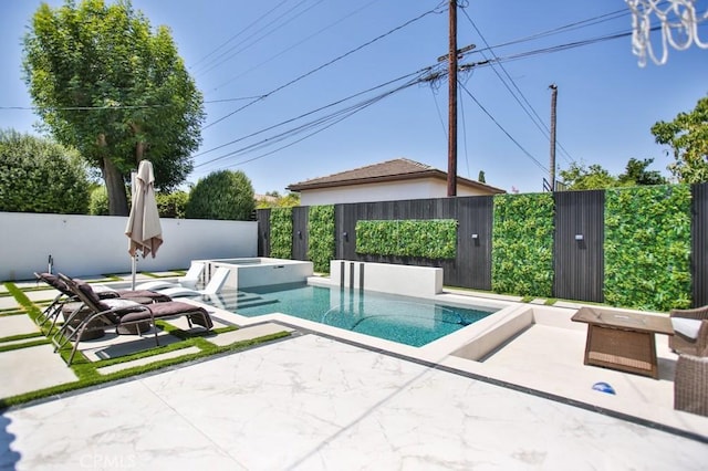 9359 Cecilia St, Downey, CA 90241 - view of swimming pool featuring a patio, a fenced backyard, and a pool with connected hot tub