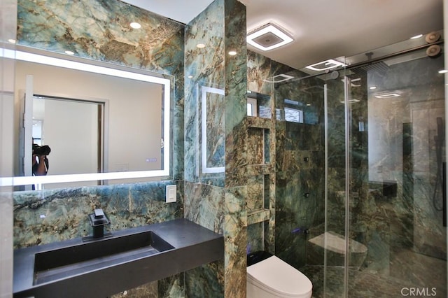9359 Cecilia St, Downey, CA 90241 - bathroom with a marble finish shower and tile walls