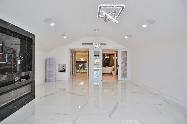 9359 Cecilia St, Downey, CA 90241 - living area featuring marble tiled flooring, vaulted ceiling, a chandelier, and recessed lighting