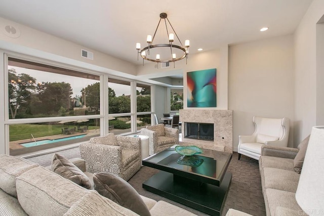 6544 Caminito Northland Ln, Jolla, CA 92037 - living area featuring a chandelier, a fireplace, and recessed lighting