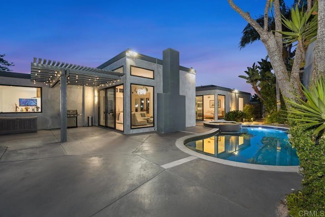 6544 Caminito Northland Ln, Jolla, CA 92037 - pool at dusk with a patio area, a pergola, and a pool with connected hot tub