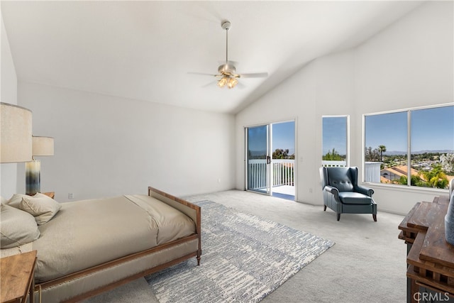 31794 Corte Rosario, Temecula, CA 92592 - bedroom with access to outside, carpet flooring, high vaulted ceiling, and ceiling fan
