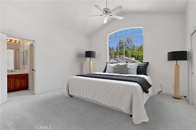31794 Corte Rosario, Temecula, CA 92592 - bedroom featuring light carpet, lofted ceiling, ensuite bath, and ceiling fan