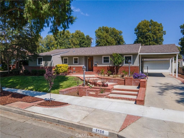 8150 Ocean View Ave, Whittier, CA 90602 - ranch-style house with concrete driveway, brick siding, a front yard, and a porch