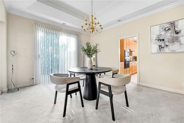 9103 Rancho Real Rd, Temple City, CA 91780 - dining area with a chandelier, crown molding, light colored carpet, and a tray ceiling