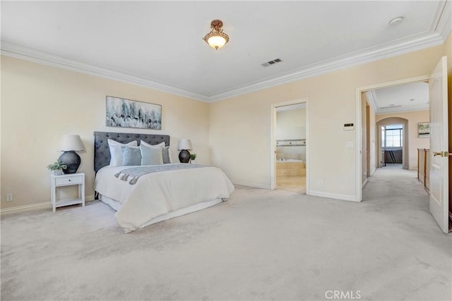 9103 Rancho Real Rd, Temple City, CA 91780 - bedroom featuring crown molding, light carpet, arched walkways, and ensuite bath