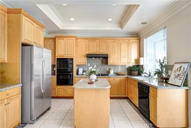 9103 Rancho Real Rd, Temple City, CA 91780 - kitchen featuring black appliances, under cabinet range hood, a center island, light brown cabinets, and crown molding