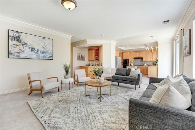 9103 Rancho Real Rd, Temple City, CA 91780 - living area with crown molding, a chandelier, recessed lighting, and light colored carpet
