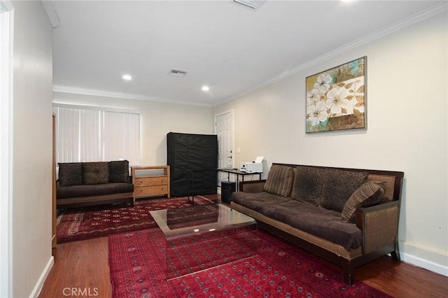 24208 Gilmore St, West Hills, CA 91307 - living area featuring wood finished floors, recessed lighting, and ornamental molding