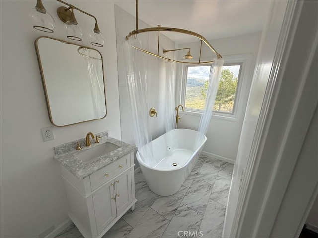 5755 Boulder Creek Rd, Julian, CA 92036 - full bathroom with marble look tiles, a soaking tub, vanity, and a shower with curtain