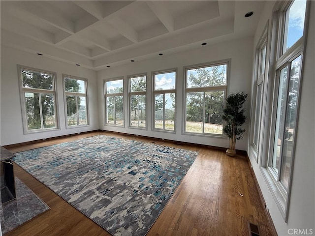 5755 Boulder Creek Rd, Julian, CA 92036 - unfurnished sunroom with healthy amount of natural light, coffered ceiling, and beamed ceiling