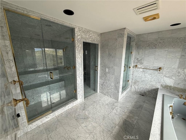5755 Boulder Creek Rd, Julian, CA 92036 - bathroom with tile walls, a shower stall, and marble finish flooring