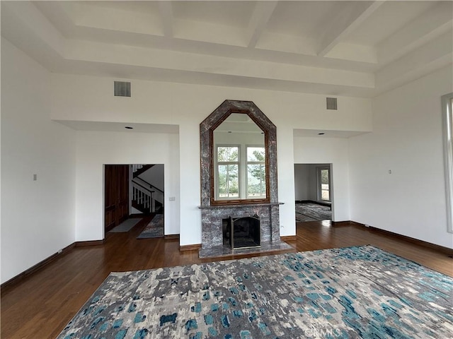 5755 Boulder Creek Rd, Julian, CA 92036 - unfurnished living room featuring stairway, wood finished floors, and beamed ceiling