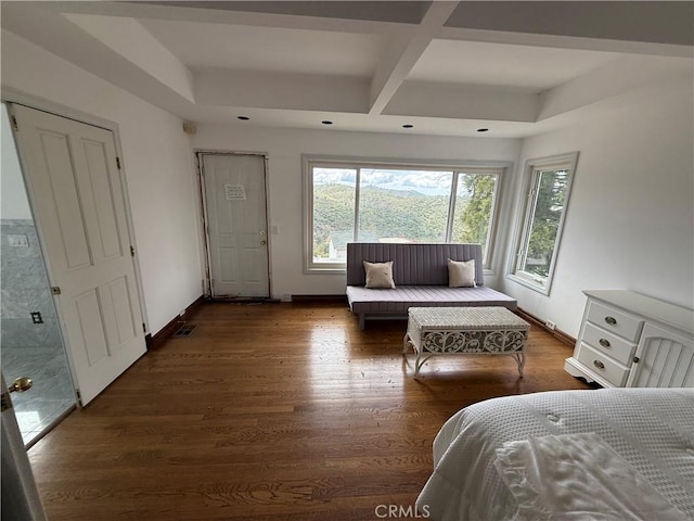 5755 Boulder Creek Rd, Julian, CA 92036 - bedroom featuring coffered ceiling, wood finished floors, and beam ceiling
