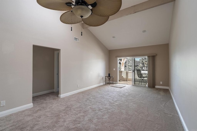 7000 Saranac St Unit 54, La Mesa, CA 91942 - carpeted empty room featuring ceiling fan, high vaulted ceiling, and beamed ceiling