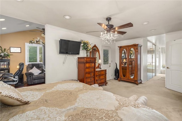 2252 Verbena Ave, Upland, CA 91784 - bedroom with carpet, multiple windows, recessed lighting, ceiling fan, and crown molding