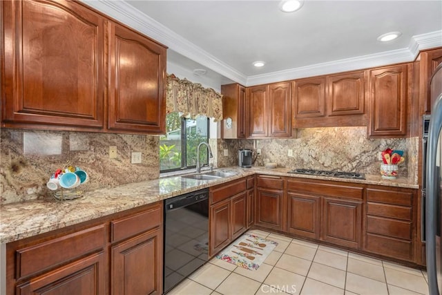 2252 Verbena Ave, Upland, CA 91784 - kitchen with dishwasher, light tile patterned floors, light stone counters, crown molding, and backsplash