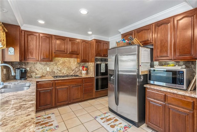 2252 Verbena Ave, Upland, CA 91784 - kitchen with appliances with stainless steel finishes, crown molding, decorative backsplash, light tile patterned flooring, and light stone countertops