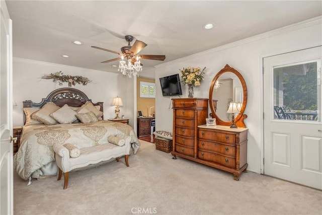 2252 Verbena Ave, Upland, CA 91784 - bedroom with carpet, ornamental molding, recessed lighting, and ceiling fan