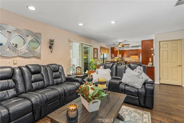 2252 Verbena Ave, Upland, CA 91784 - living area featuring recessed lighting, dark wood-style flooring, and ceiling fan