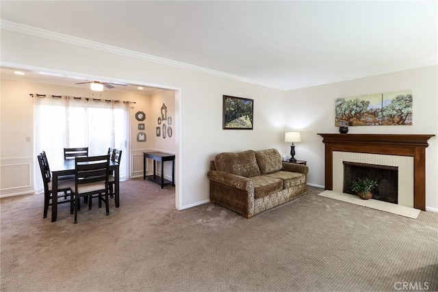 1247 E Marbury St, West Covina, CA 91790 - living area featuring ornamental molding, carpet flooring, ceiling fan, and a fireplace