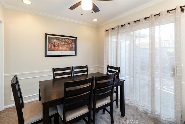 1247 E Marbury St, West Covina, CA 91790 - carpeted dining space featuring ceiling fan, crown molding, and recessed lighting