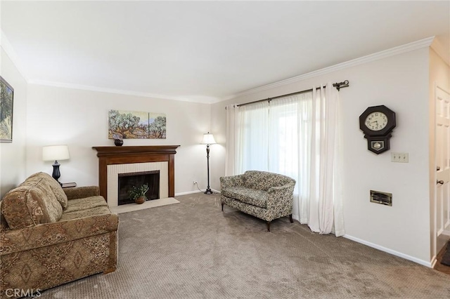1247 E Marbury St, West Covina, CA 91790 - living room featuring ornamental molding, carpet flooring, and a brick fireplace