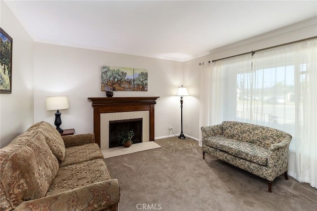 1247 E Marbury St, West Covina, CA 91790 - carpeted living room with crown molding and a brick fireplace