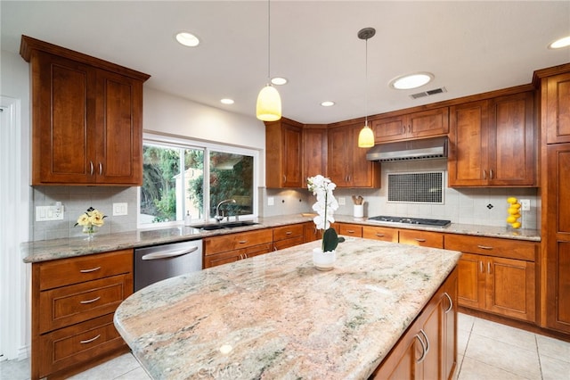 173 Butler Ct, Claremont, CA 91711 - kitchen featuring dishwasher, exhaust hood, backsplash, light stone counters, and recessed lighting