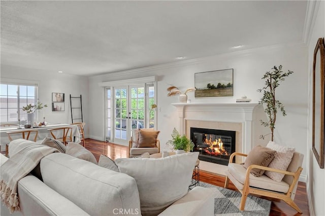 6232 Richmond Ave, Garden Grove, CA 92845 - living room featuring wood finished floors, a glass covered fireplace, ornamental molding, and recessed lighting