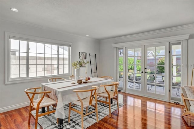 6232 Richmond Ave, Garden Grove, CA 92845 - dining space with plenty of natural light, french doors, ornamental molding, wood finished floors, and recessed lighting