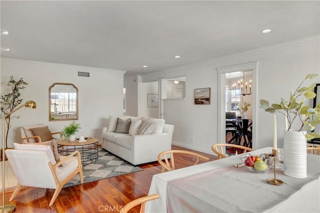 6232 Richmond Ave, Garden Grove, CA 92845 - living room featuring wood finished floors, ornamental molding, a chandelier, and recessed lighting