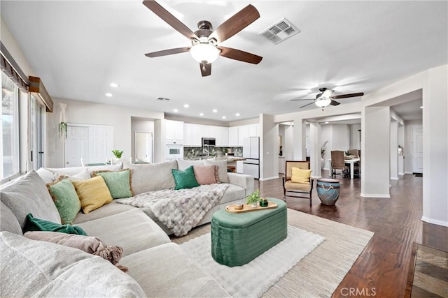 19205 Sterling Hill Ln, Perris, CA 92570 - living area featuring a ceiling fan, recessed lighting, and dark wood-type flooring