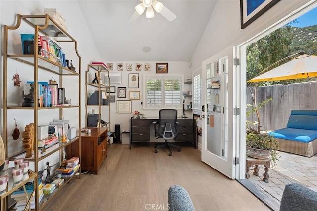 24311 Sylvan Glen Rd, Calabasas, CA 91302 - office area featuring vaulted ceiling, a ceiling fan, and wood finished floors