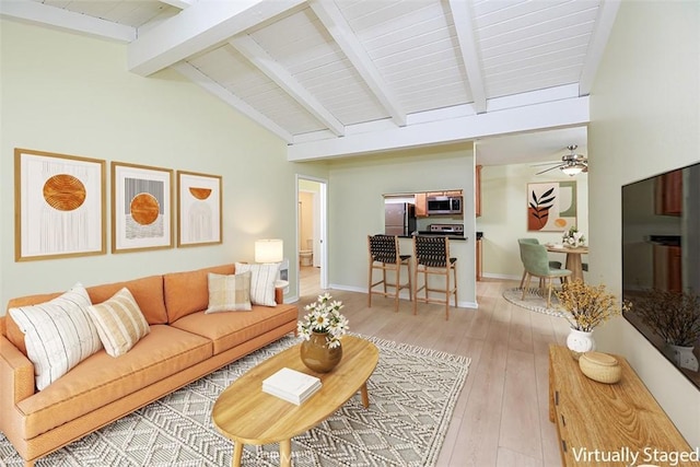 1345 Cabrillo Park Dr Unit A06, Santa Ana, CA 92701 - living area with beamed ceiling, light wood-type flooring, ceiling fan, and high vaulted ceiling