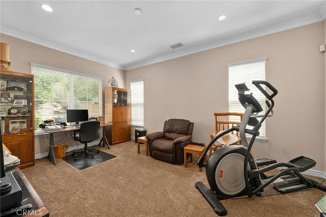 13812 Breeders Cup Dr, Rancho Cucamonga, CA 91739 - home office featuring carpet floors, ornamental molding, and recessed lighting