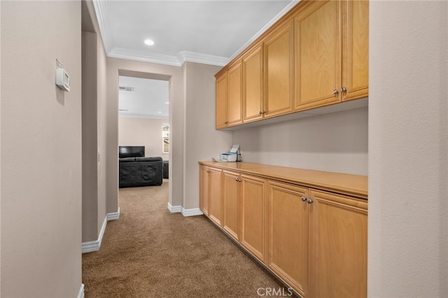 13812 Breeders Cup Dr, Rancho Cucamonga, CA 91739 - corridor with dark carpet, ornamental molding, and recessed lighting
