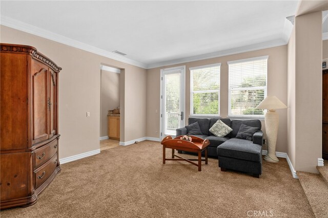 13812 Breeders Cup Dr, Rancho Cucamonga, CA 91739 - living area featuring light carpet, ornamental molding, and healthy amount of natural light