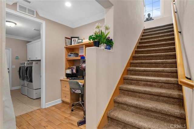 13812 Breeders Cup Dr, Rancho Cucamonga, CA 91739 - stairway with washer and dryer, crown molding, wood finished floors, and built in study area