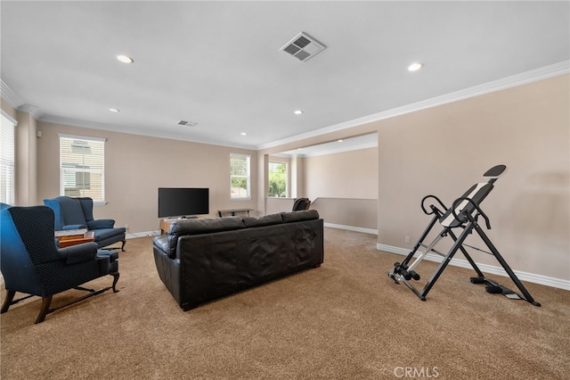 13812 Breeders Cup Dr, Rancho Cucamonga, CA 91739 - living room featuring ornamental molding, light carpet, healthy amount of natural light, and recessed lighting