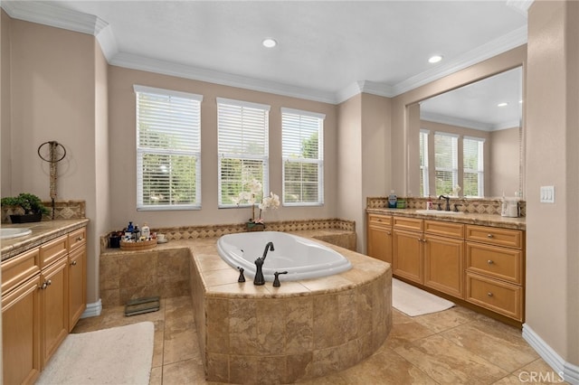 13812 Breeders Cup Dr, Rancho Cucamonga, CA 91739 - bathroom with two vanities, a garden tub, healthy amount of natural light, tile patterned floors, and ornamental molding