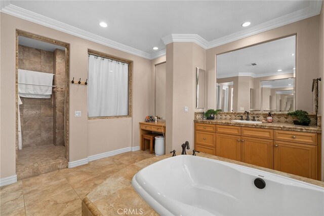 13812 Breeders Cup Dr, Rancho Cucamonga, CA 91739 - bathroom featuring vanity, a bath, walk in shower, recessed lighting, and backsplash